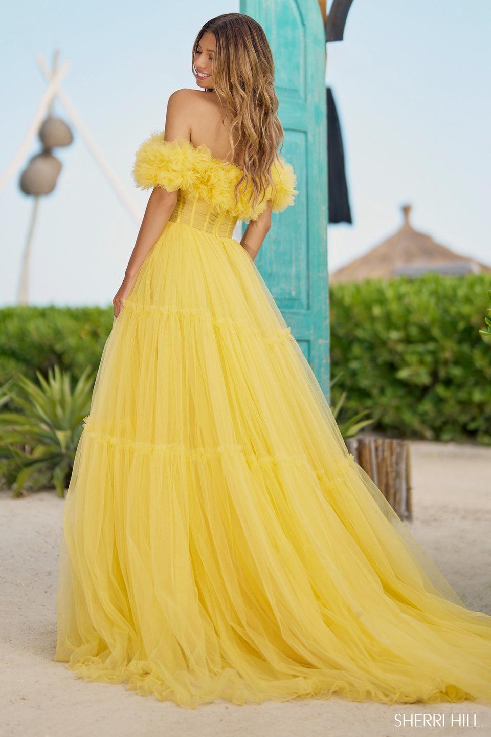 Sherri Hill Tulle A-line Off The Shoulder Gown With Tiered Skirt And A Corset Bodice With Rosette Embellished Top