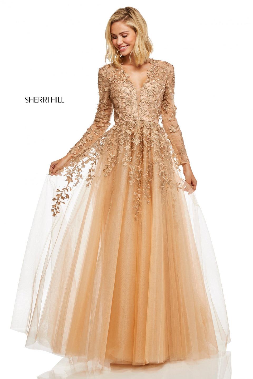 Sherri Hill Tulle A-line With An Open Back Long Sleeves Plunging Neckline Jewel Accents And Metallic Leaf Embroidery Detailing