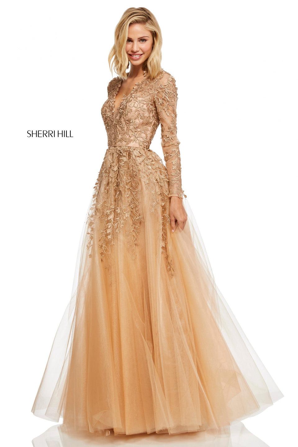 sherri hill Tulle A-line with an open back long sleeves plunging neckline jewel accents and metallic leaf embroidery detailing sherri hill Tulle A-line with an open back long sleeves plunging neckline jewel accents and metallic leaf embroidery detailing