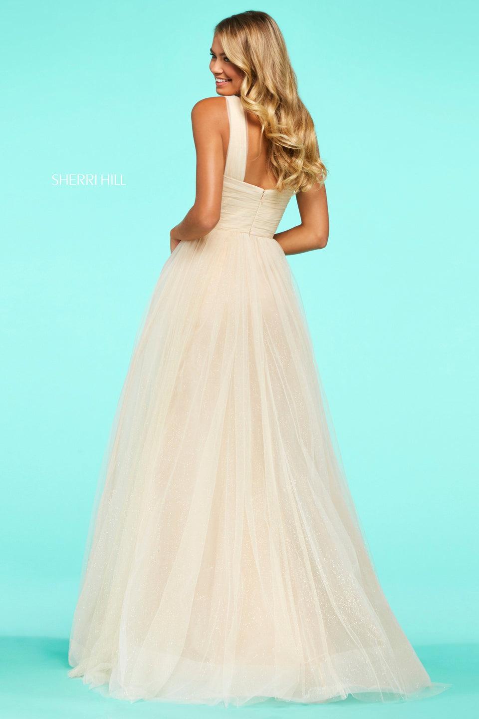 Sherri Hill Tulle A-line With Plunging Deep V Neckline Ruched Bodice And Embellished Belt Buckle