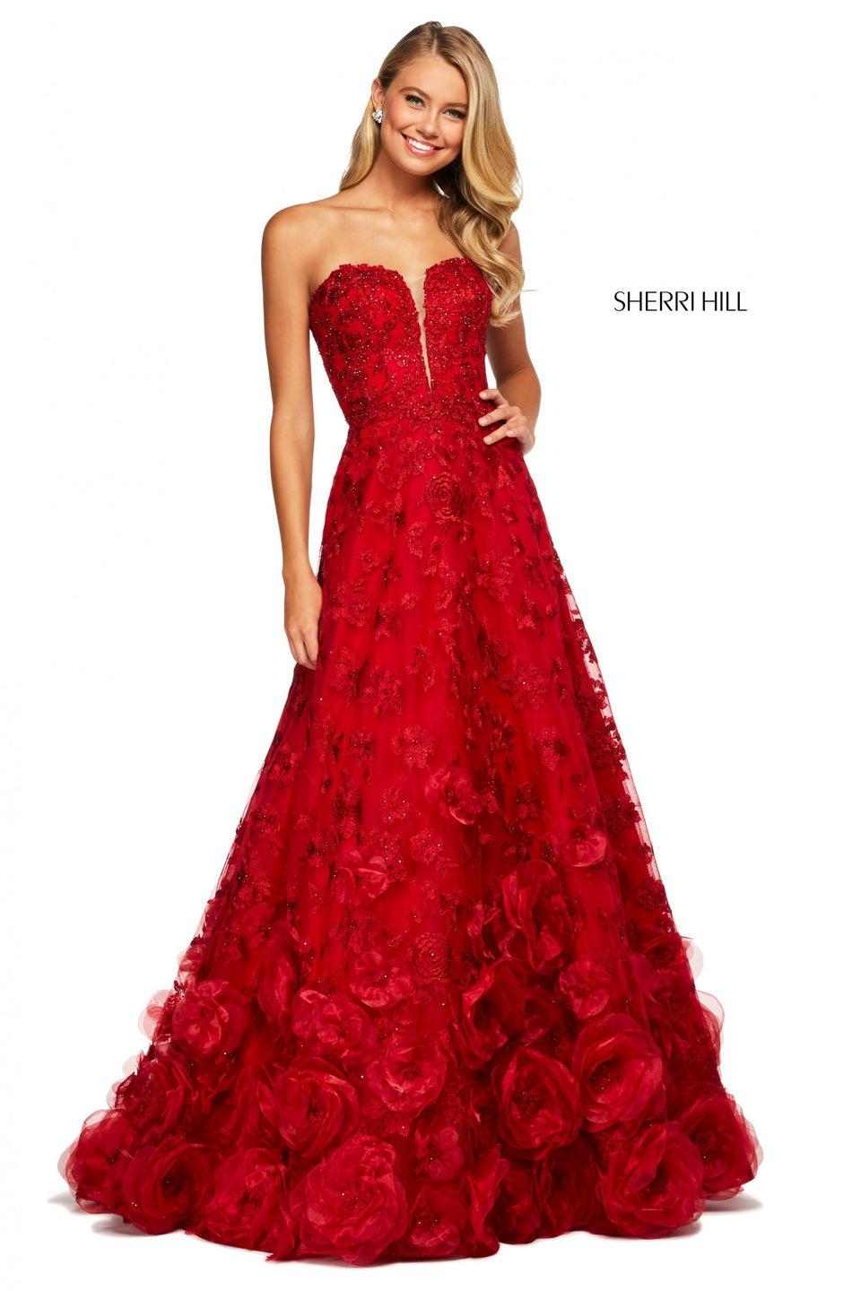 sherri hill Tulle and lace A-line strapless dress with embellishments and 3D floral detailing