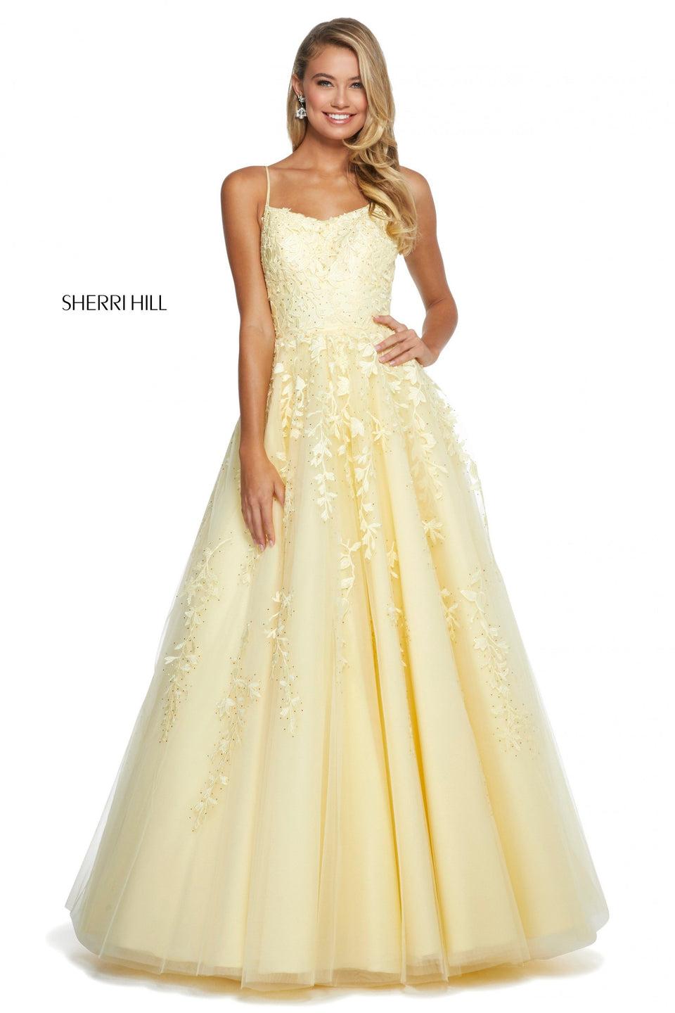 Sherri Hill Tulle And Leaf Lace Embroidered Ball Gown With Rhinestones And Corset Style Lace Up Back