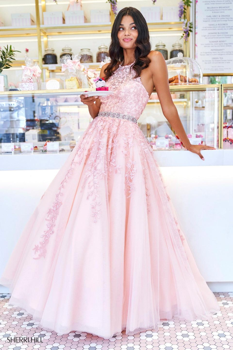 Sherri Hill Tulle Ball Gown With Embroidery Halter Neckline Beaded Belt And Lace Up Back