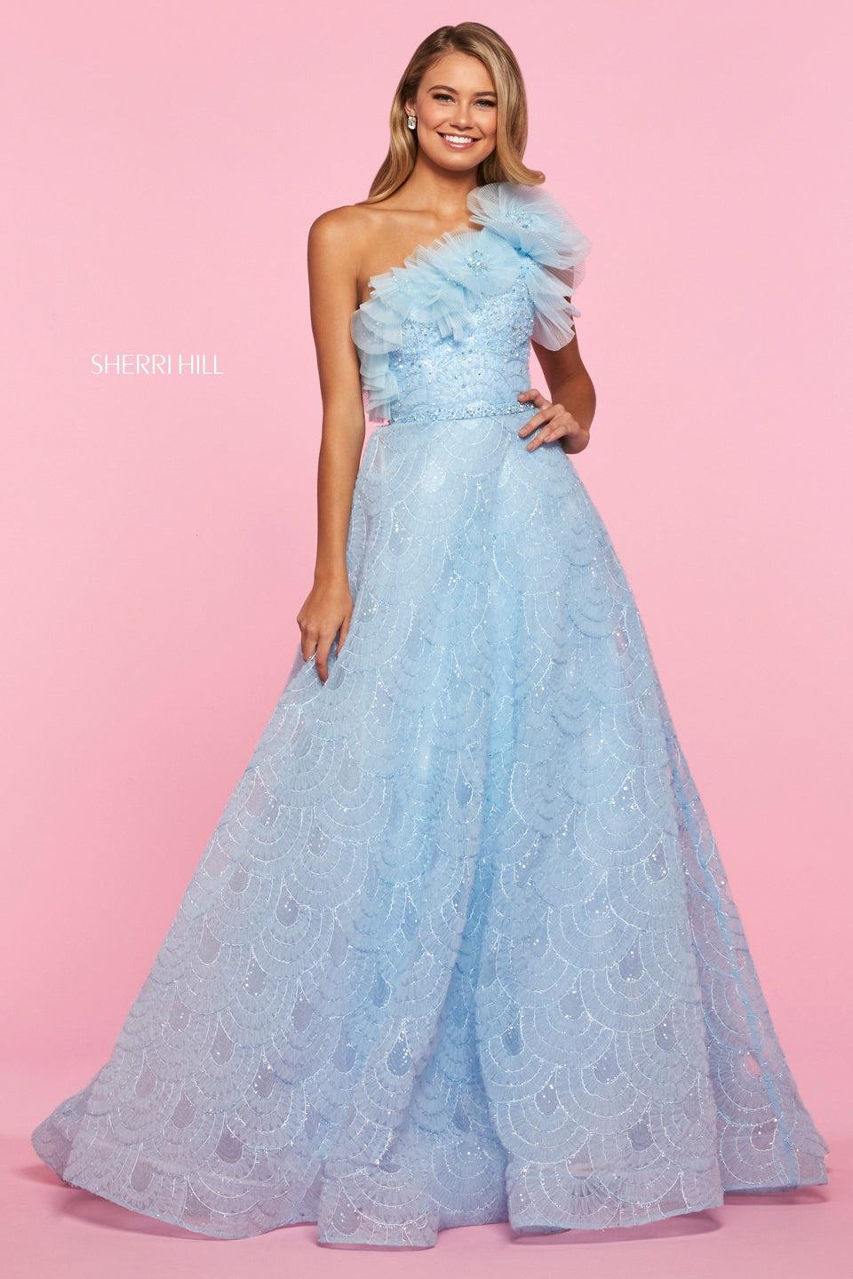 Sherri Hill Tulle Embroidered Organza Ball Gown With Sequins And Beading With A One Shoulder Neckline Decorated With Accordian Tulle Appliques