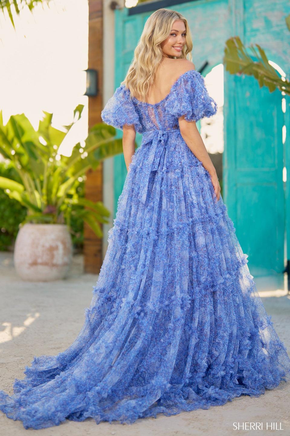 Sherri Hill Tulle Floral Print Gown With Sheer Corset Bodice Ruffle Embellishments And Ballon Sleeves