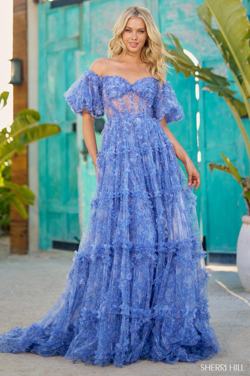 sherri hill Tulle floral print gown with sheer corset bodice ruffle embellishments and ballon sleeves