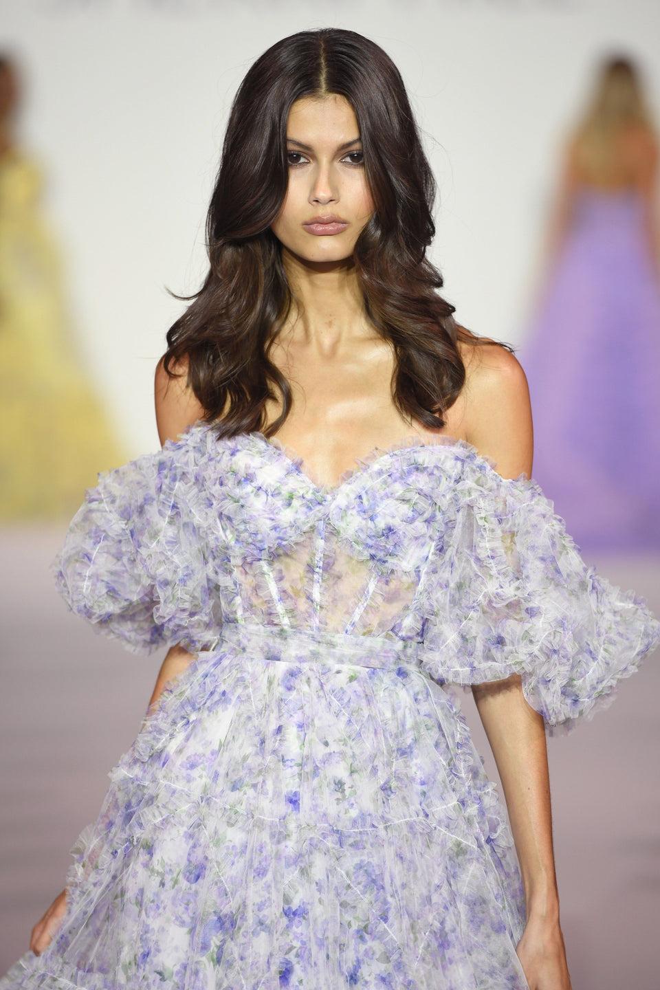 sherri hill Tulle floral print gown with sheer corset bodice ruffle embellishments and ballon sleeves sherri hill Tulle floral print gown with sheer corset bodice ruffle embellishments and ballon sleeves