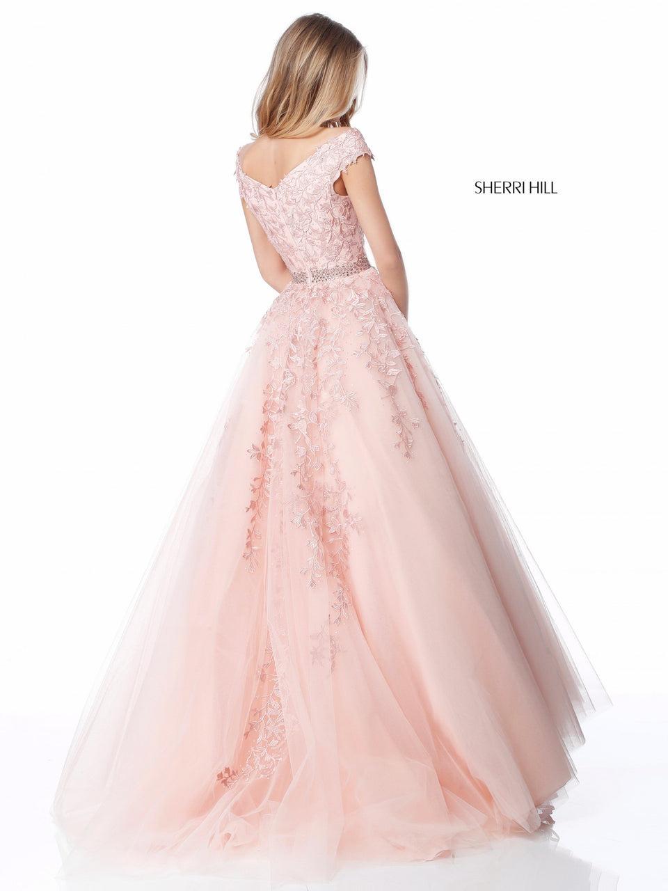 Sherri Hill Tulle Flower Appliqued Ball Gown With An Off-the-shoulder Bodice And Bead Encrusted Belt