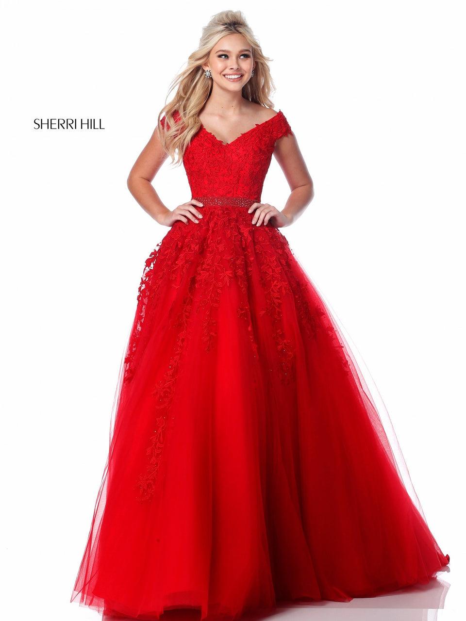 Sherri Hill Tulle Flower Appliqued Ball Gown With An Off-the-shoulder Bodice And Bead Encrusted Belt