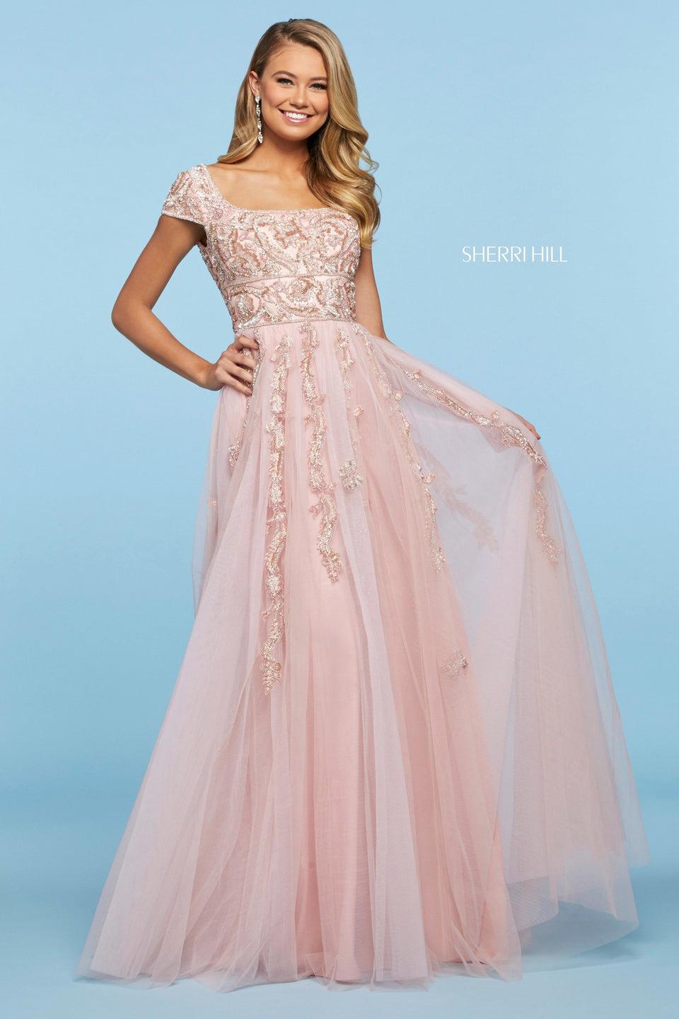 Sherri Hill Tulle Gown With Beaded Applique Cap Sleeve Bodice With Straight Neckline