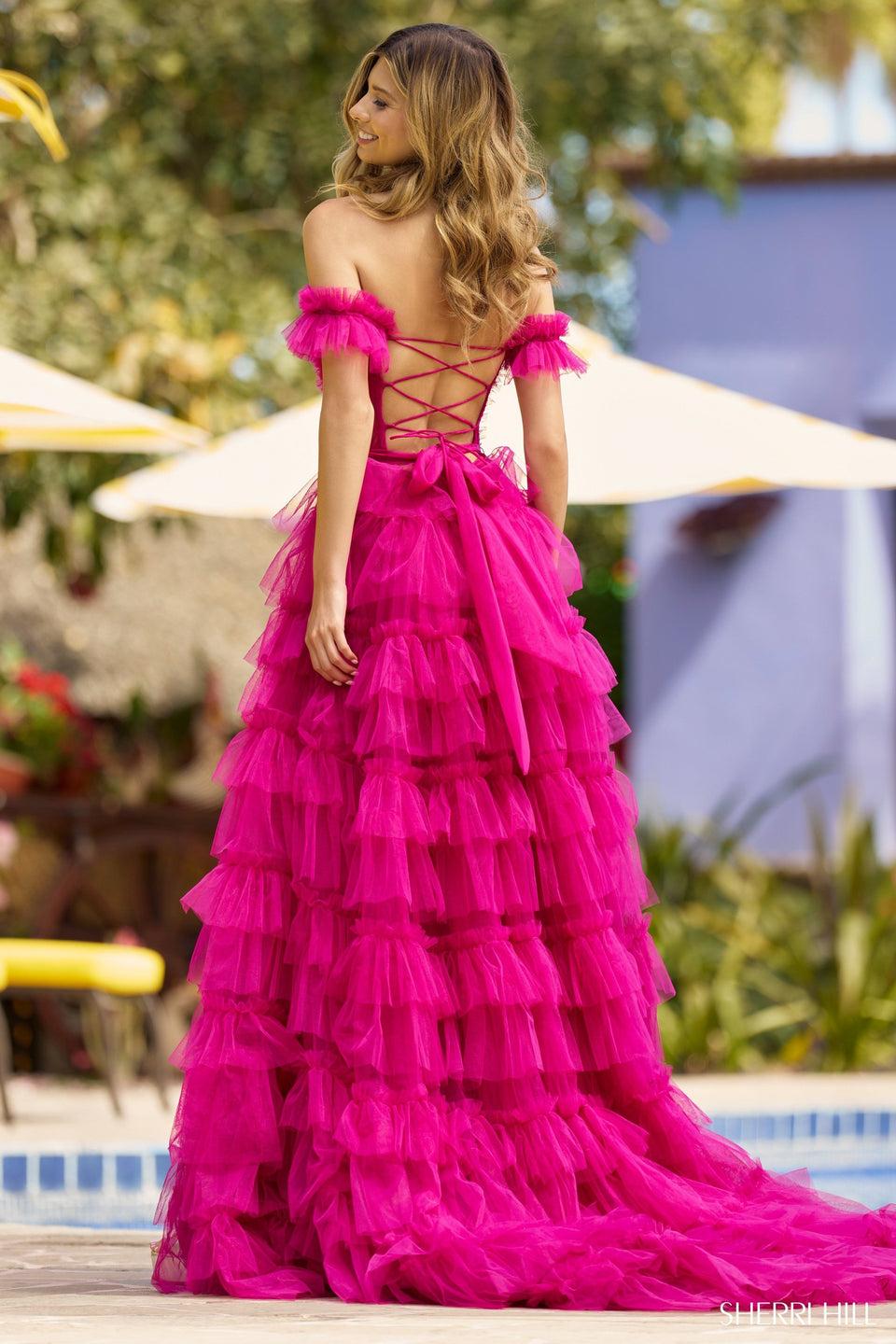Sherri Hill Tulle Gown With Sheer Corset Bodice Off The Shoulder Sleeves Ruffle Embellishments Lace Up Back And High Skirt Slit
