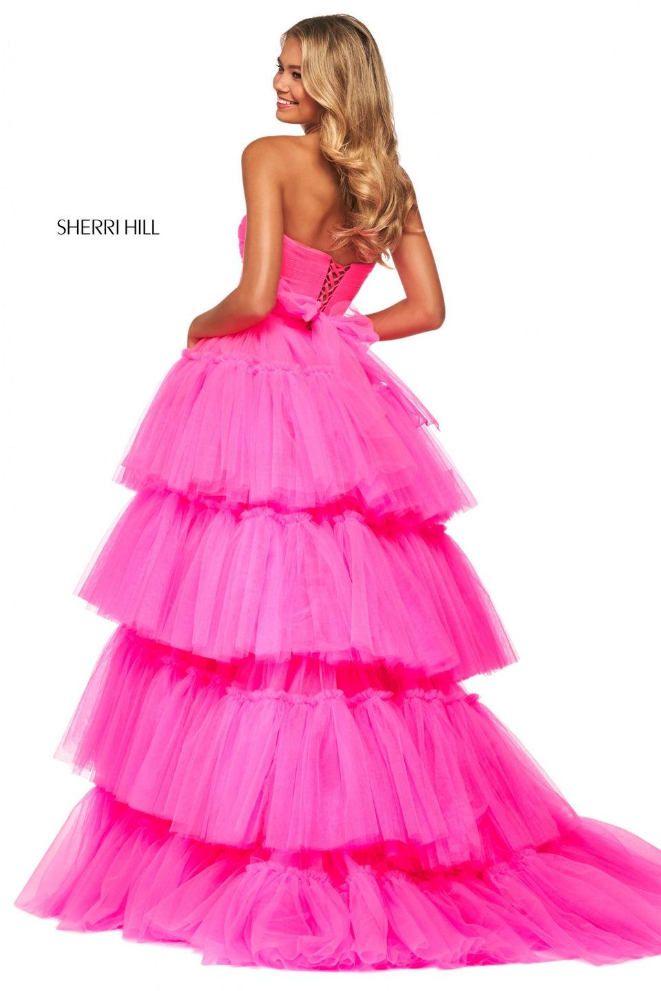 Sherri Hill Tulle High-low Ball Gown With Tiered Skirt Ruched Bodice And Corset Style Lace Up Back