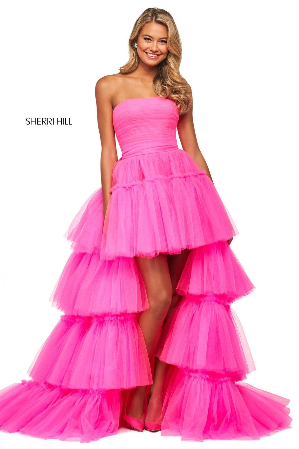 sherri hill Tulle high-low ball gown with tiered skirt ruched bodice and corset style lace up back