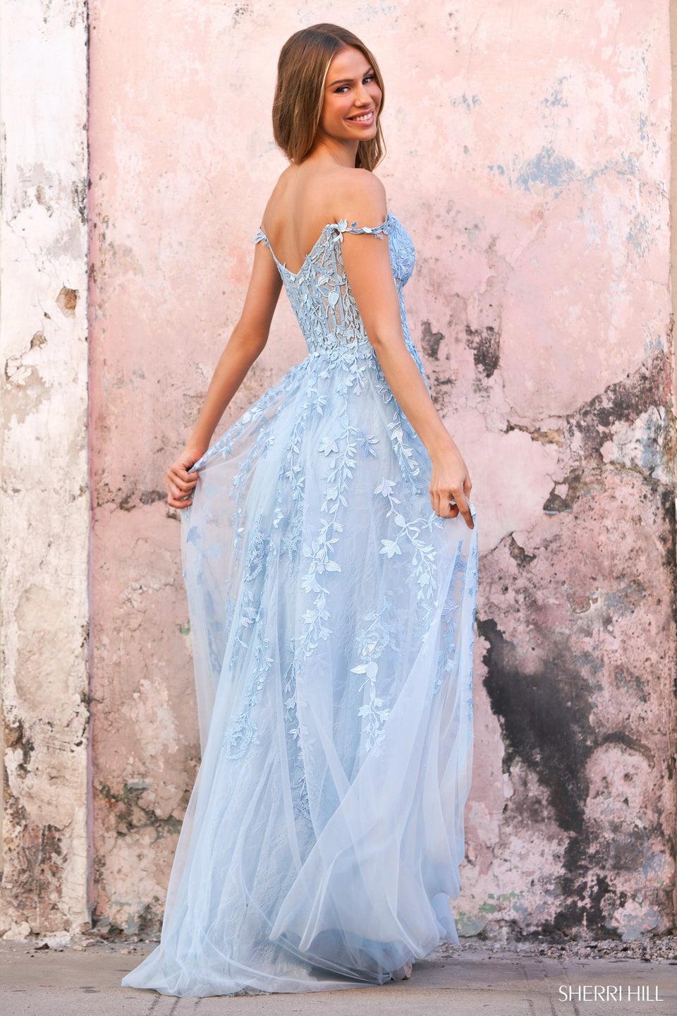 Sherri Hill Tulle Leaf Lace Embroidered Gown With Sheer Corset Sweetheart Neckline Off The Shoulder Leaf Lace And Skirt Slit