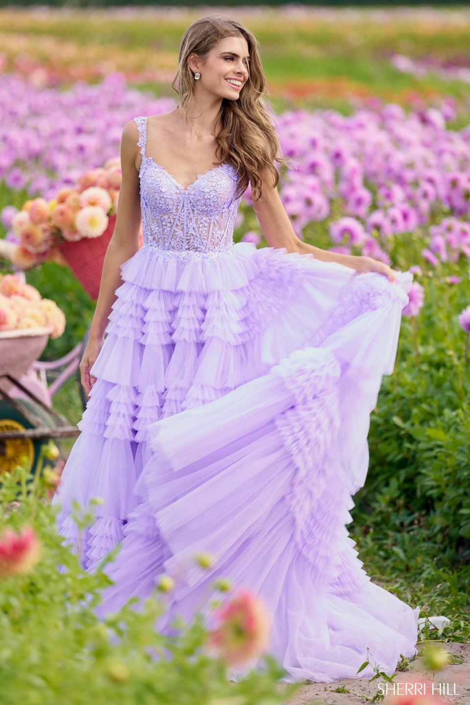sherri hill Tulle ruffle ballgown with lace corset bodice sherri hill Tulle ruffle ballgown with lace corset bodice