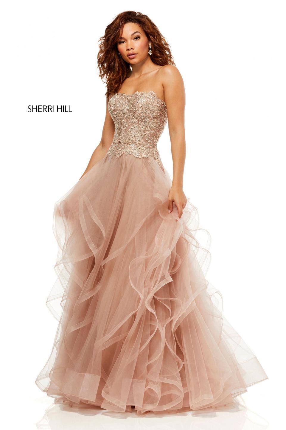 Sherri Hill Tulle Ruffle Skirt Ball Gown With A Metallic Lace Strapless Bodice