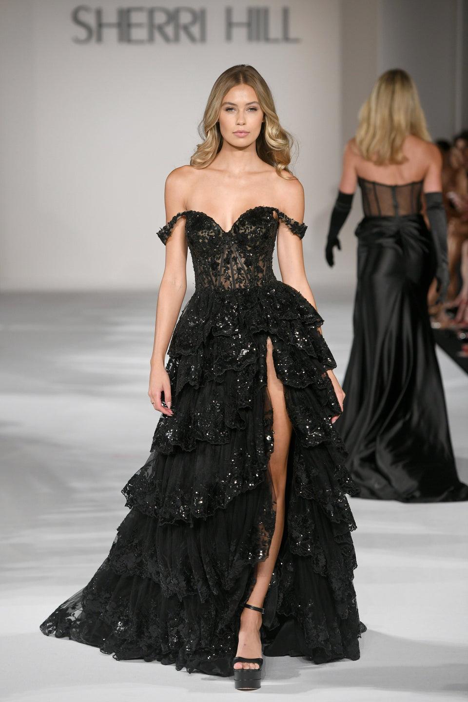 Sherri Hill Tulle Sequin A-Line Gown With Sheer Corset Bodice Off The Shoulder Straps And Ruffle High Slit Skirt