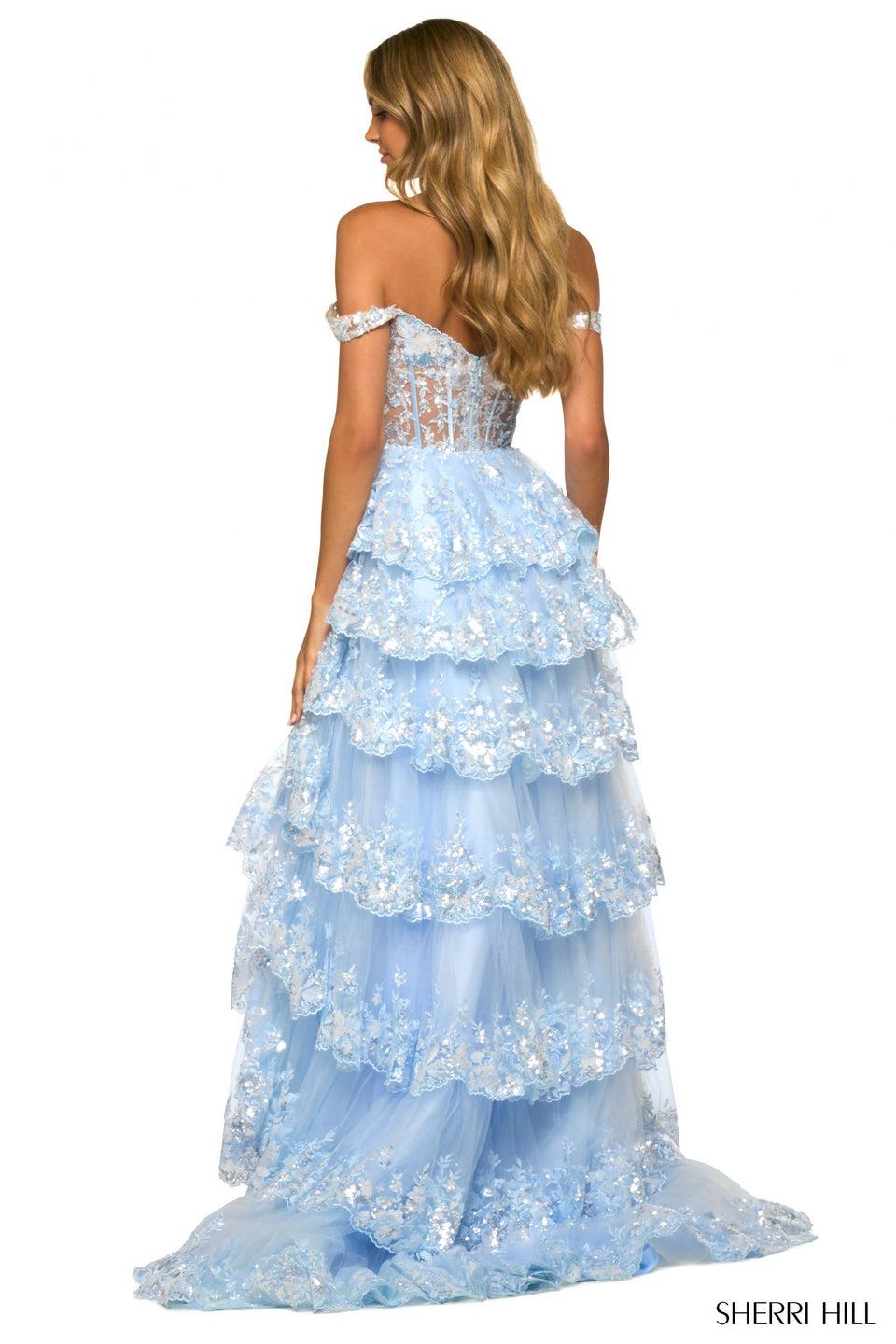 Sherri Hill Tulle Sequin A-Line Gown With Sheer Corset Bodice Off The Shoulder Straps And Ruffle High Slit Skirt