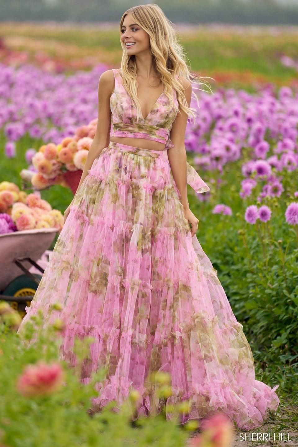 sherri hill Tulle two-piece floral gown with ruffle skirt sherri hill Tulle two-piece floral gown with ruffle skirt