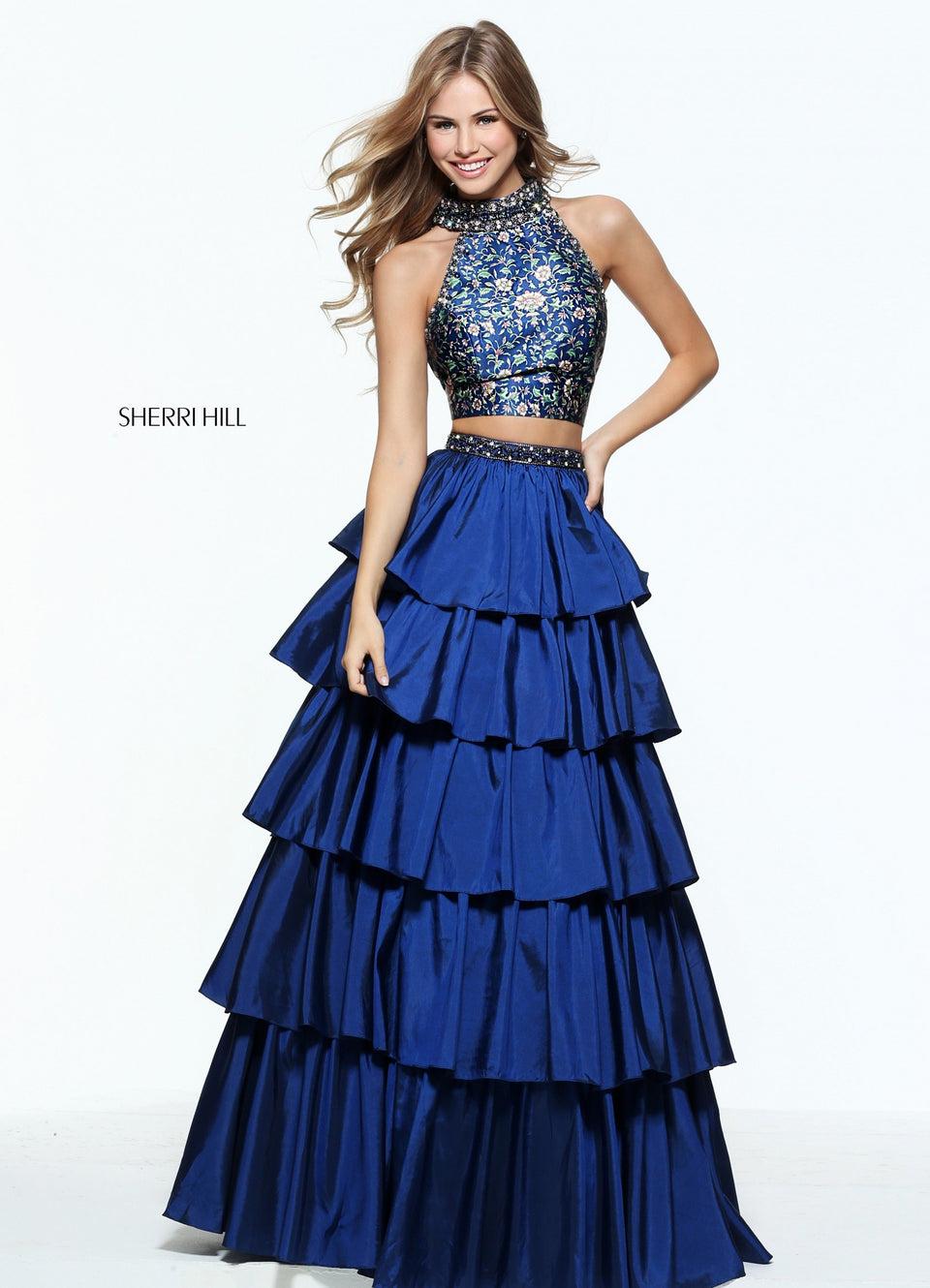 Sherri Hill Two-piece A-line Gown With A Tiered Skirt And A Printed Bodice