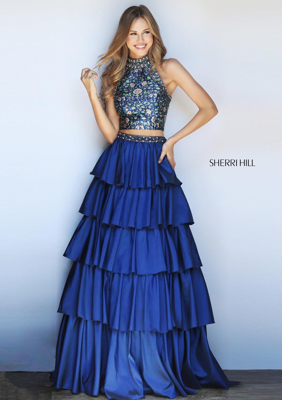 sherri hill Two-piece A-line gown with a tiered skirt and a printed bodice