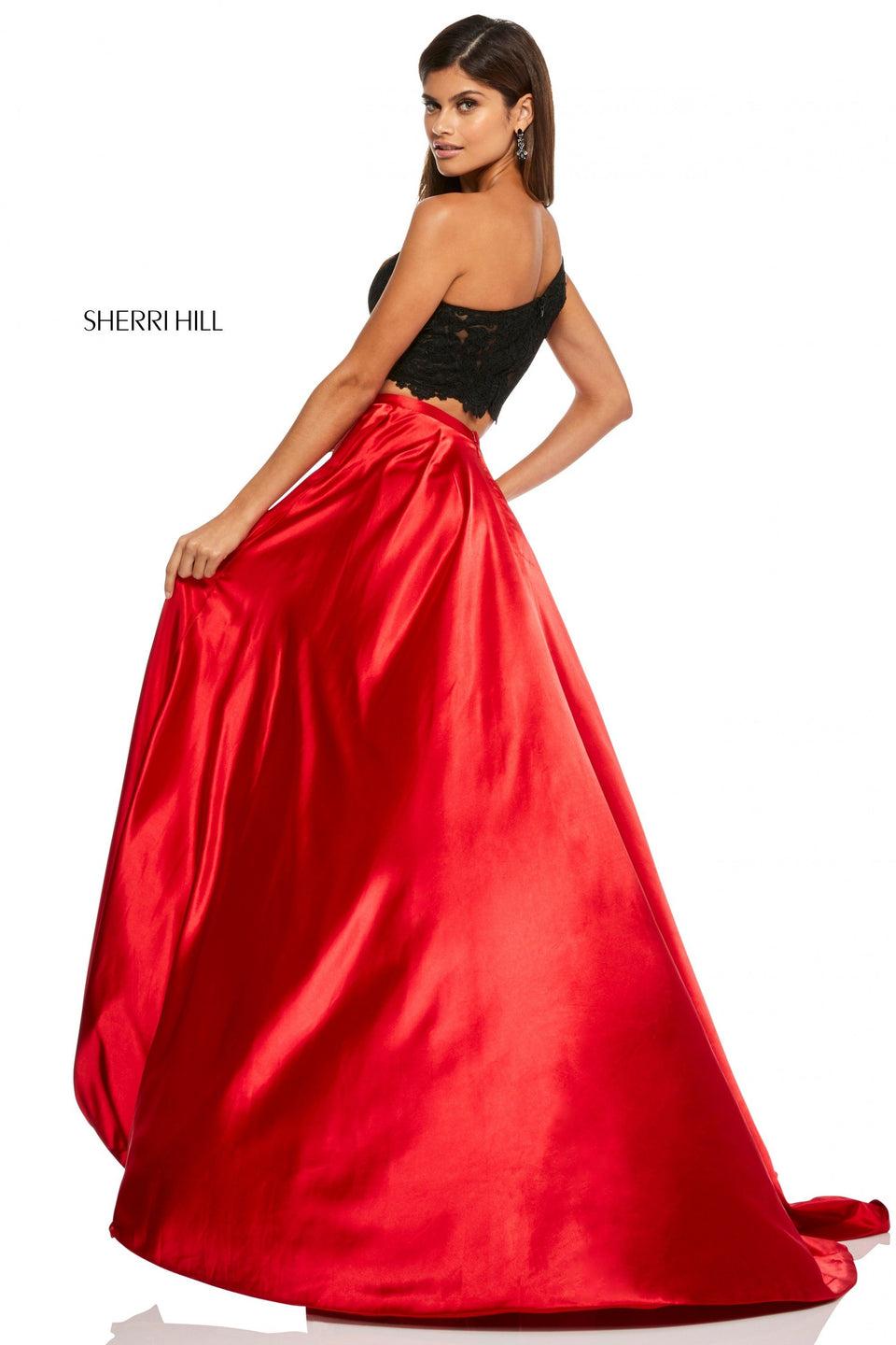 Sherri Hill Two-piece A-line With Charmeuse Skirt With Slit And One-shoulder Lace Bodice