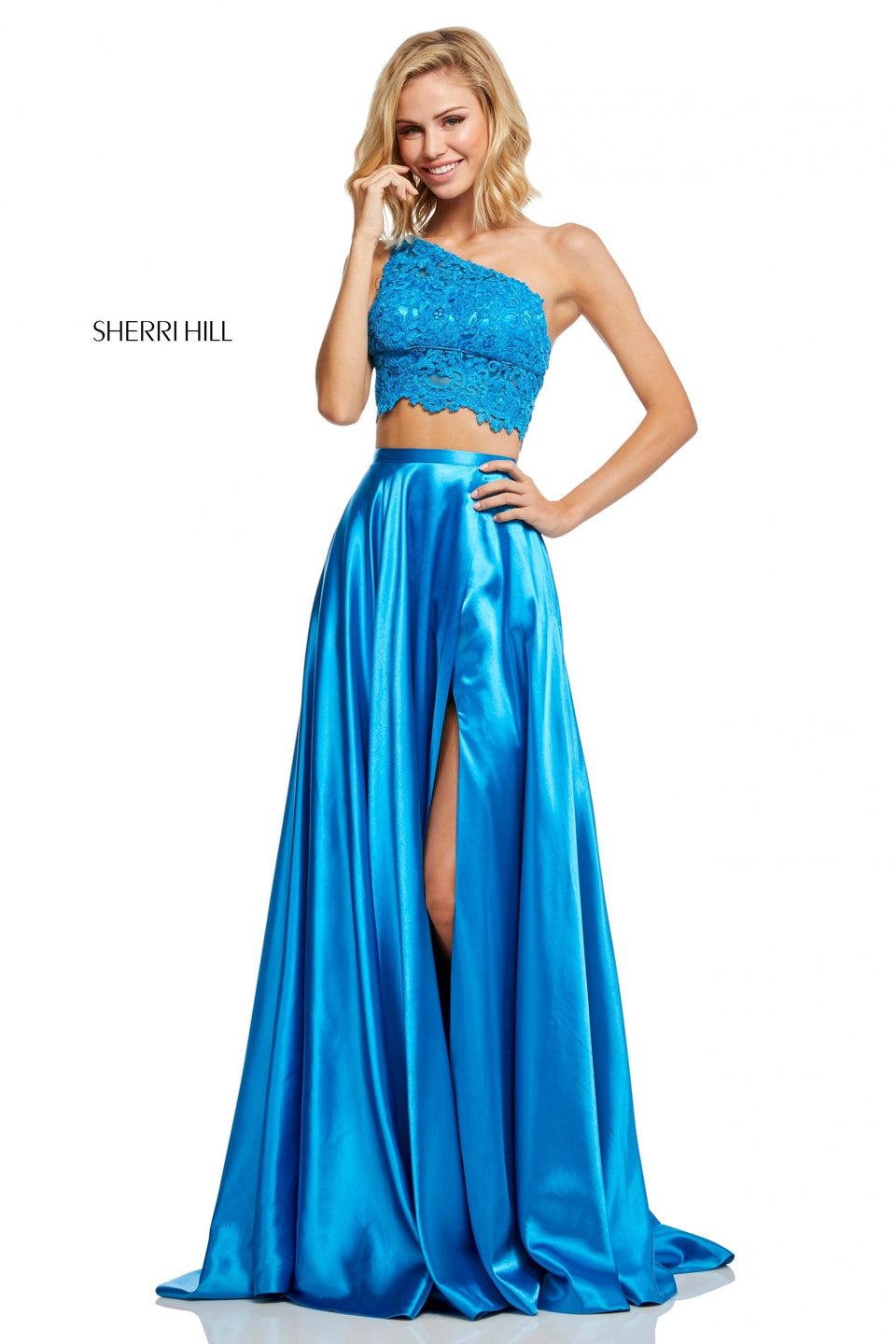 Sherri Hill Two-piece A-line With Charmeuse Skirt With Slit And One-shoulder Lace Bodice