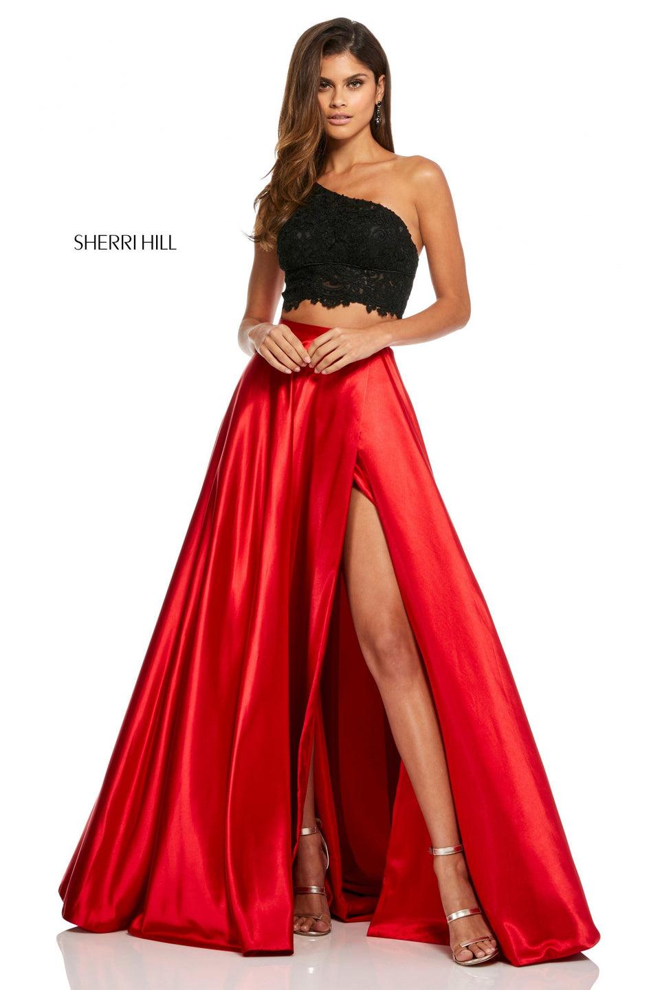 sherri hill Two-piece A-line with charmeuse skirt with slit and one-shoulder lace bodice