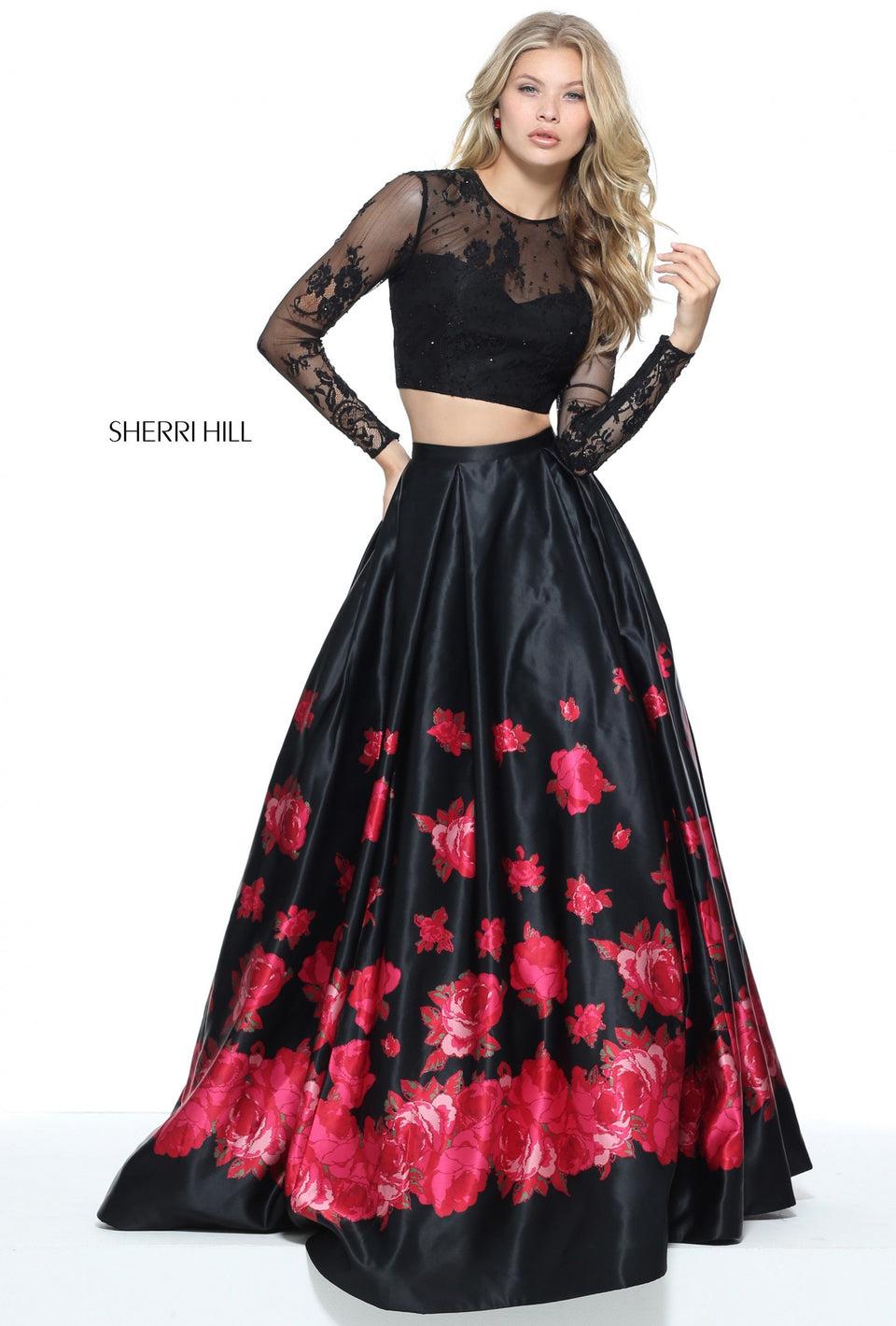 Sherri Hill Two-piece Ball Gown With A Long Sleeve Lace Bodice And Floral Print Skirt