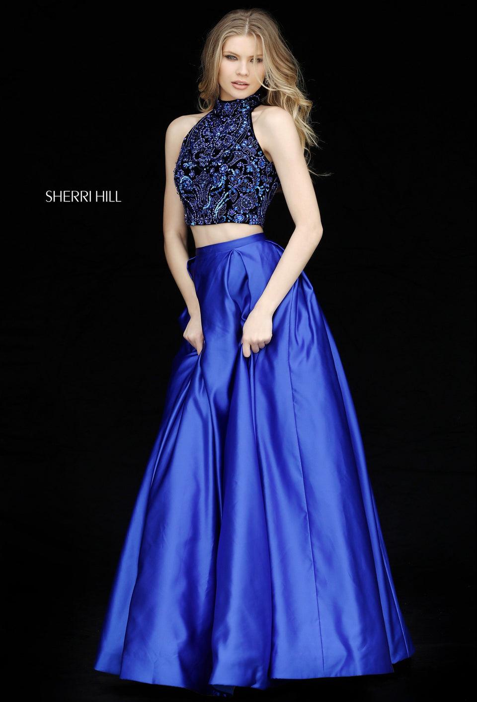 Sherri Hill Two Piece Beaded Halter Bodice With Keyhole Back And Taffeta Ball Gown Skirt