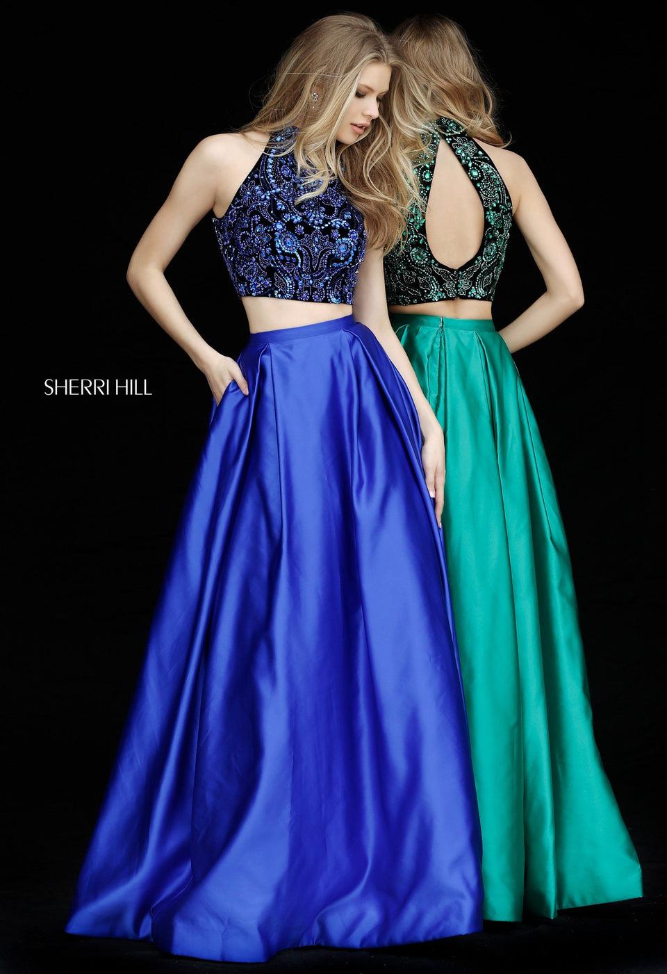 sherri hill Two piece beaded halter bodice with keyhole back and taffeta ball gown skirt