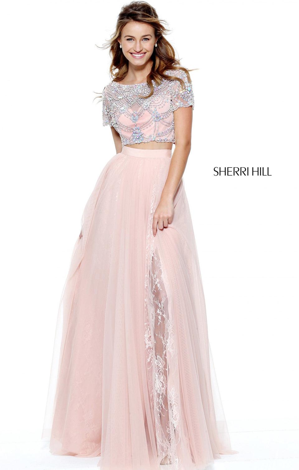 Sherri Hill Two-piece Beaded Short Sleeve Bodice With A Tulle And Lace Skirt