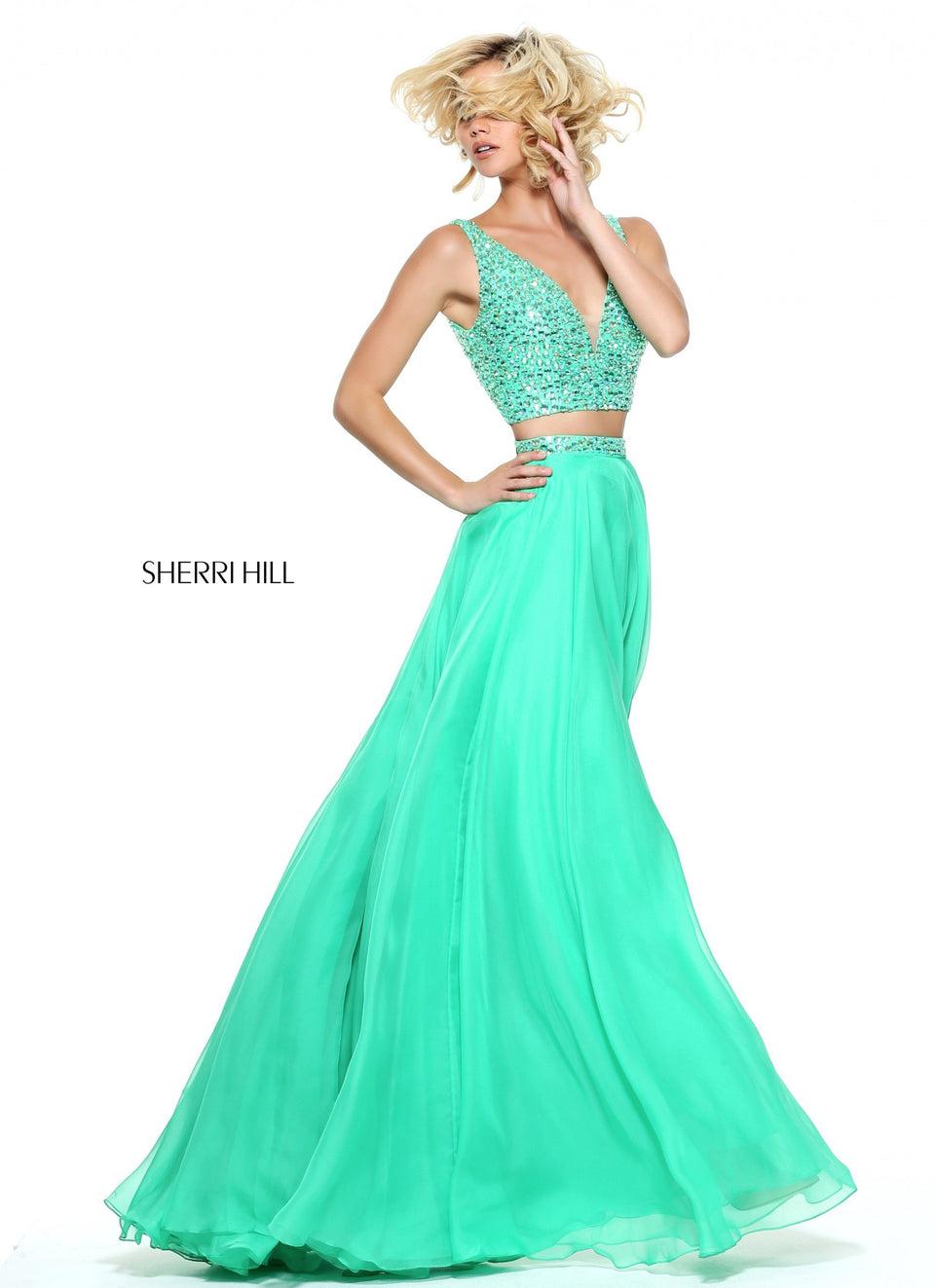 sherri hill Two-piece chiffon with a beaded V-neck bodice