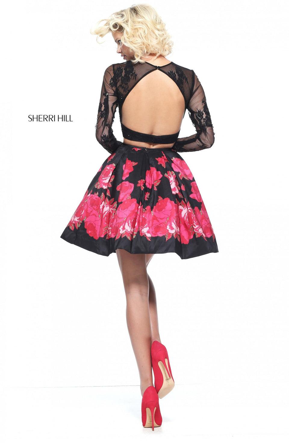 Sherri Hill Two-piece Cocktail With A Long Sleeve Lace Bodice And Red Floral Print Skirt