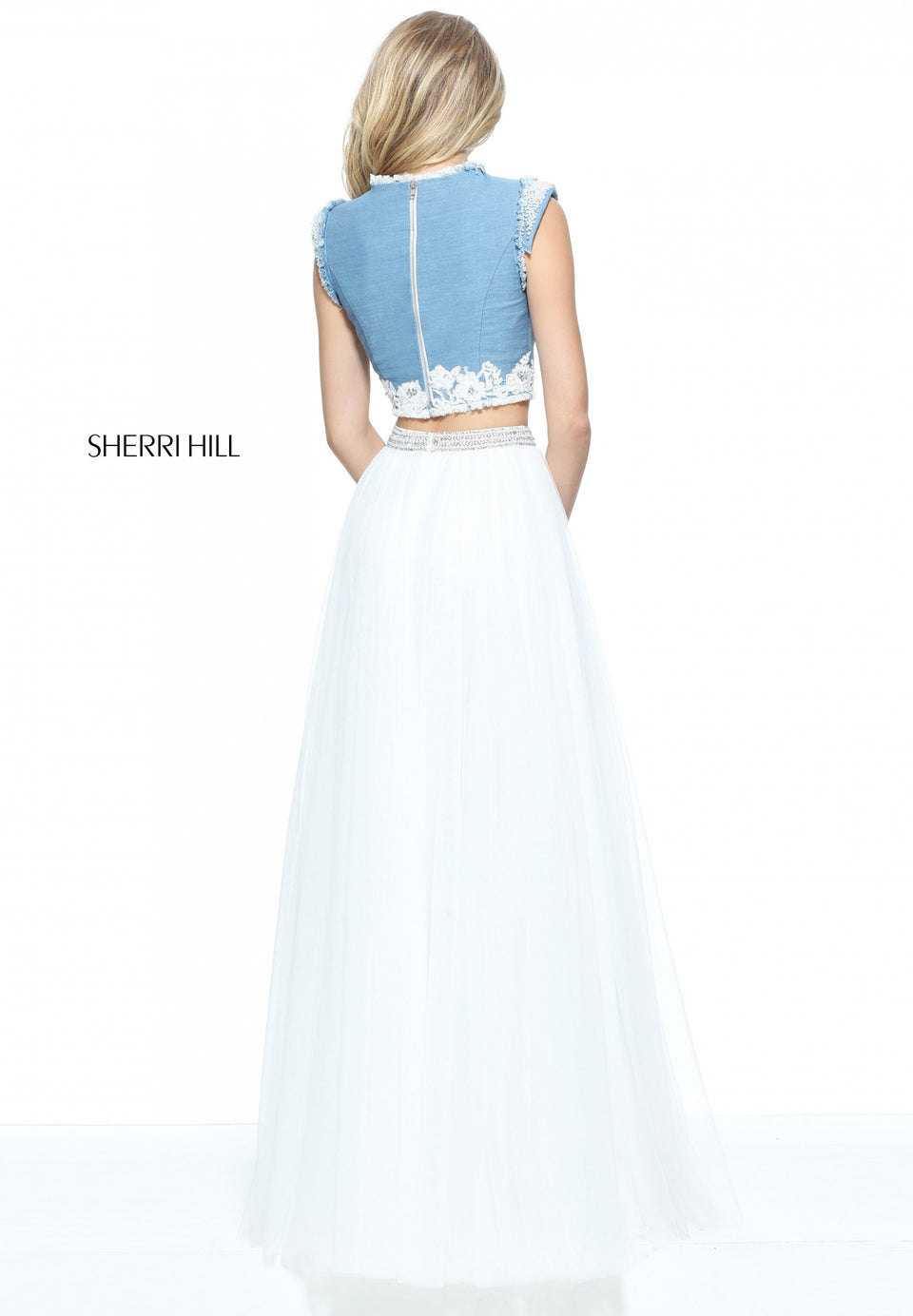 Sherri Hill Two-piece Denim Bodice With Beaded Shoulders And A Tulle Skirt