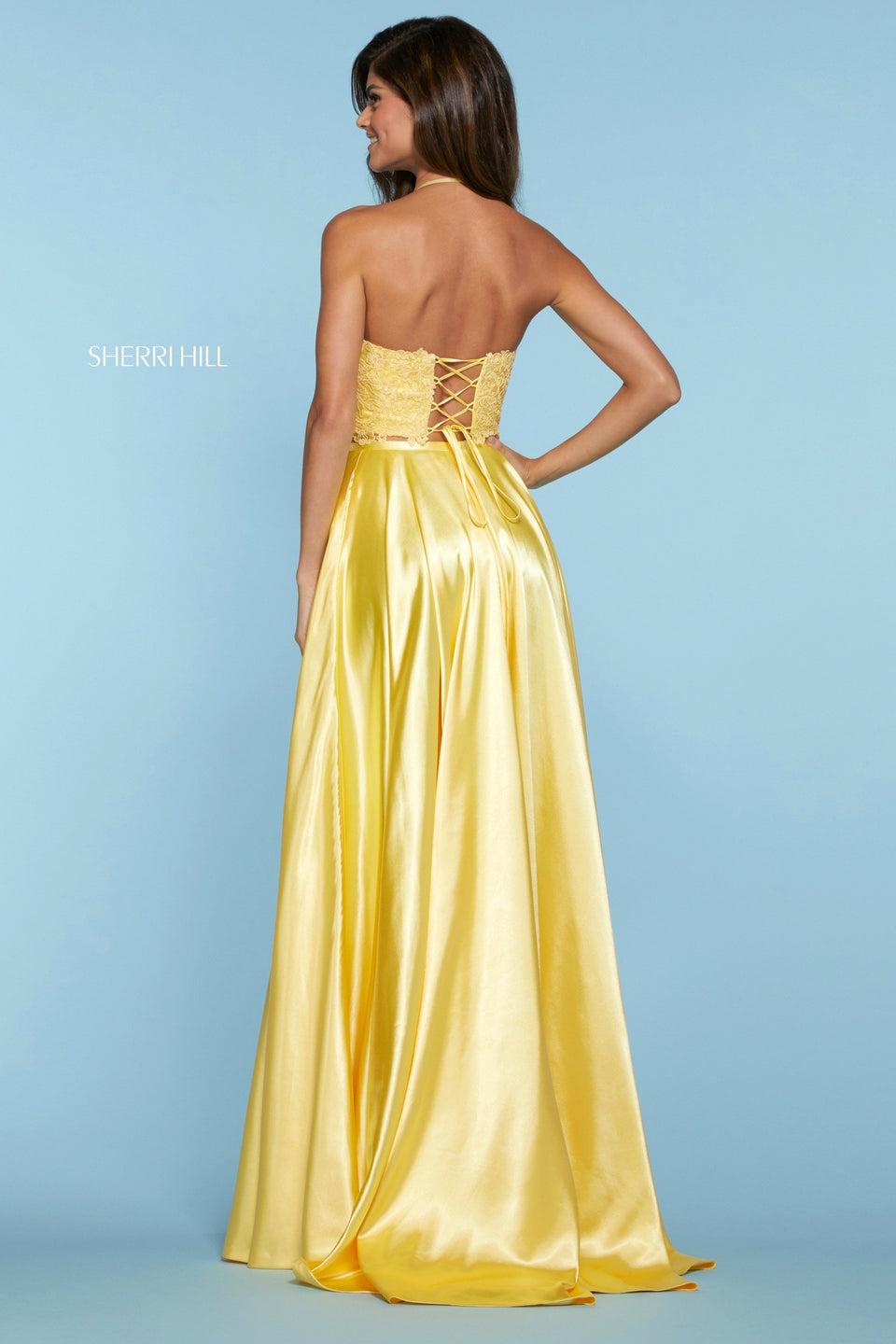 Sherri Hill Two Piece Dress With Lace Hight-cut Halter Top And Satin A-line Skirt With Slit