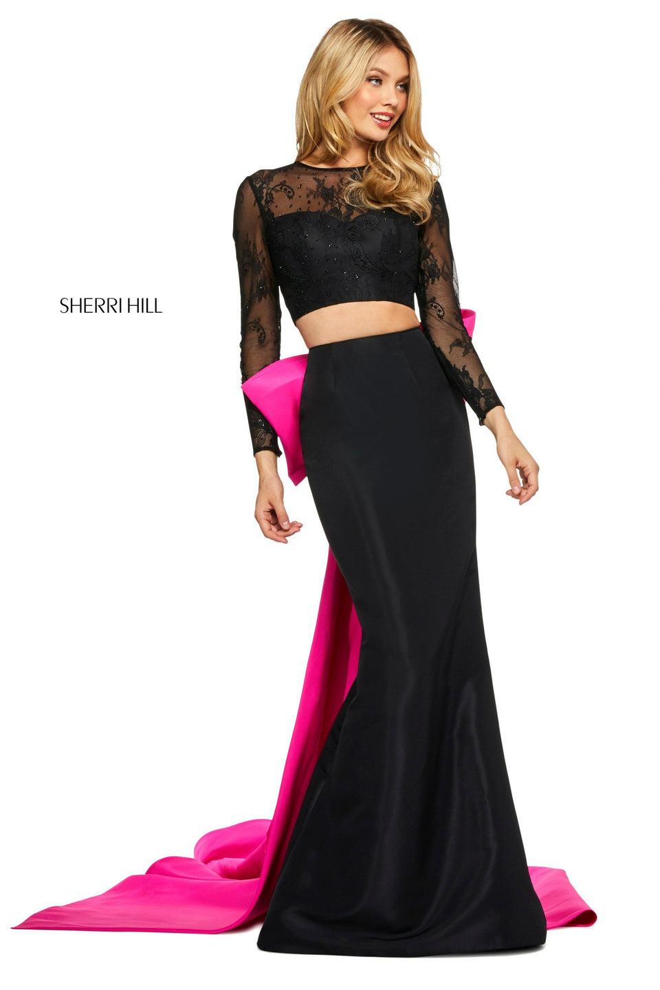 Sherri Hill Two Piece Dress With Long Sleeve Lace Open Back Bodice And Taffeta Mermaid Skirt With Oversized Bow In The Back