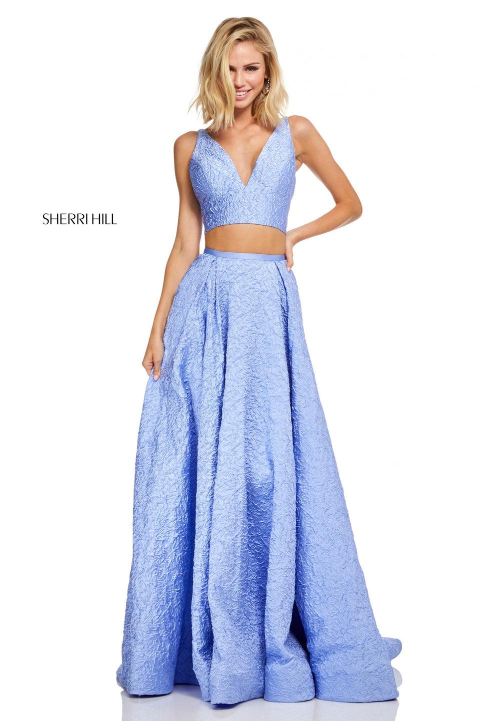 sherri hill Two-piece embossed satin A-line skirt with V-neck bodice sherri hill Two-piece embossed satin A-line skirt with V-neck bodice