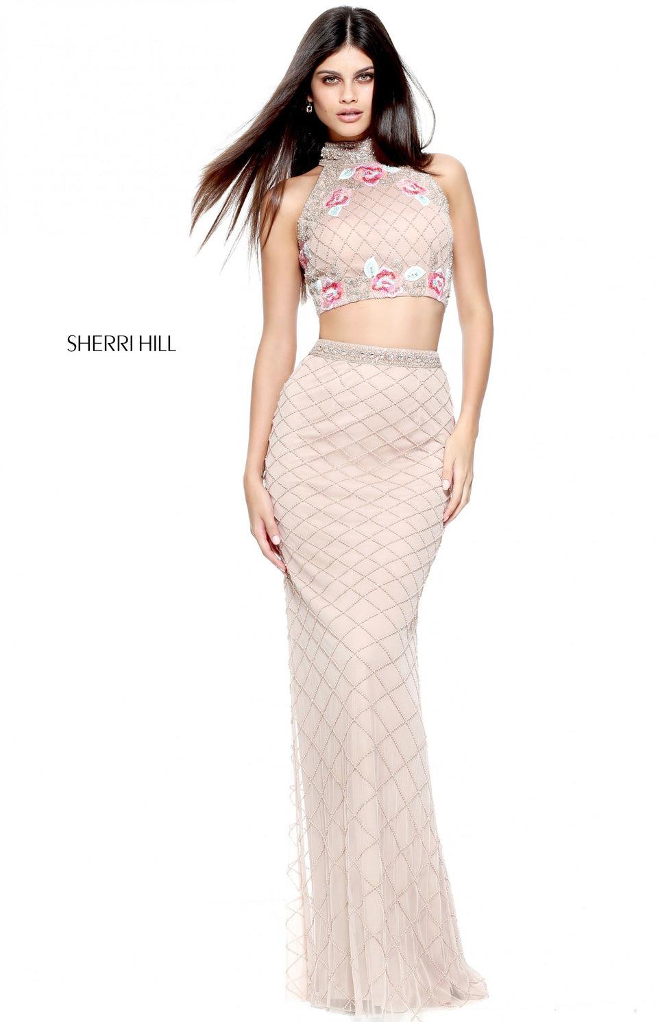 sherri hill Two-piece fitted gown with a cross stitch embroidered bodice