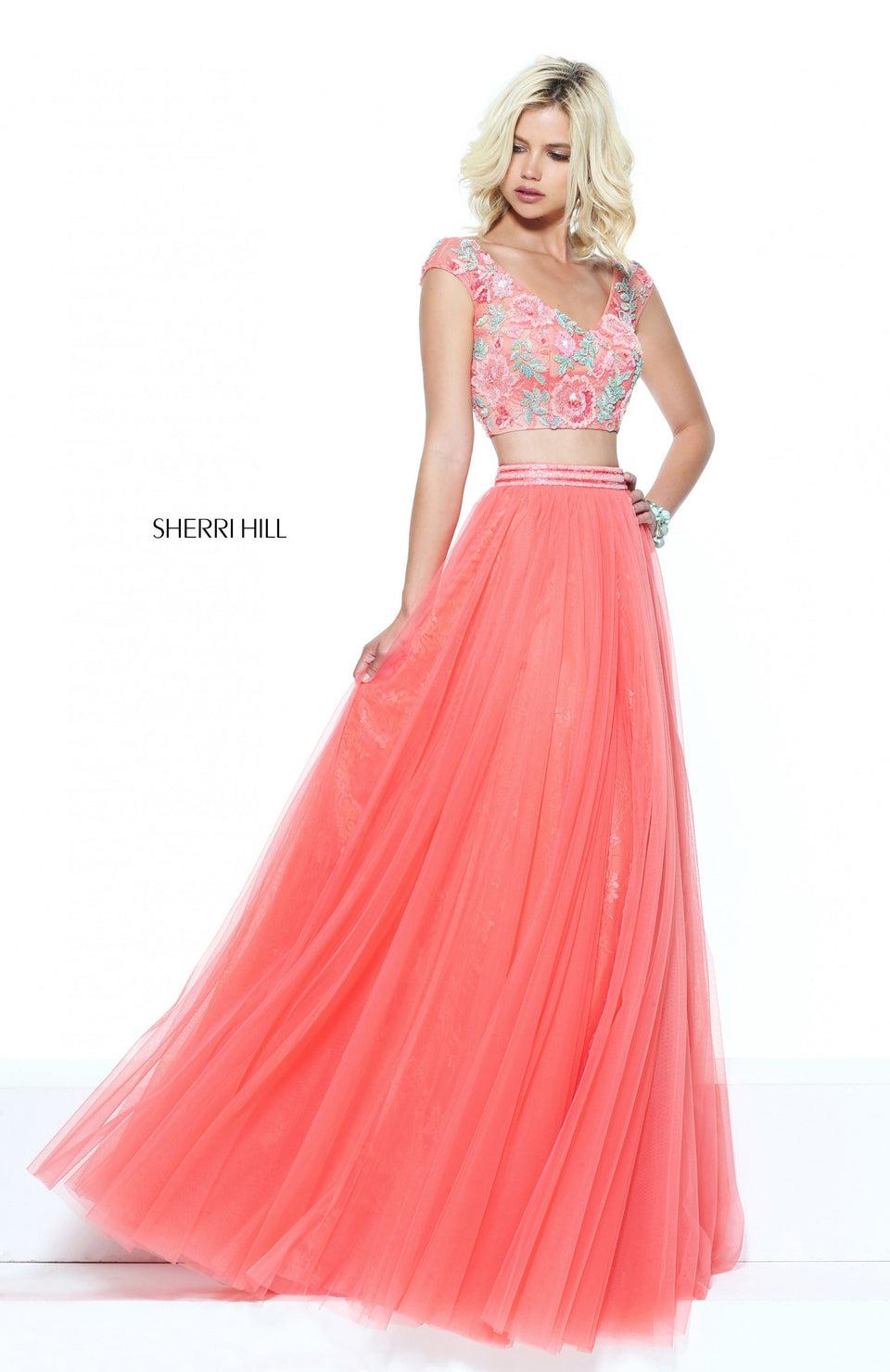 sherri hill Two-piece floral beaded bodice with a lace and tulle skirt