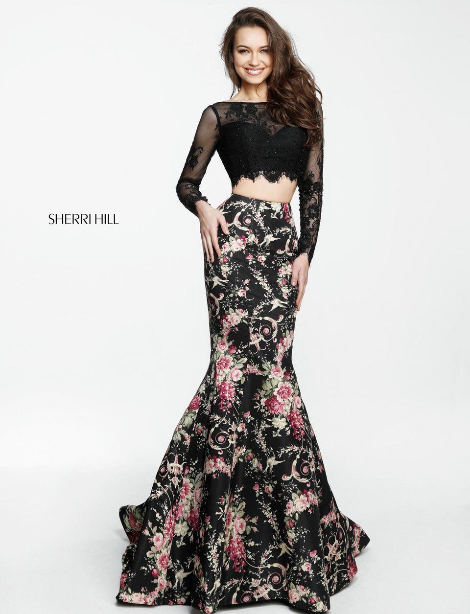 Sherri Hill Two-piece Floral Print Mermaid With A Lace Long Sleeve Bodice