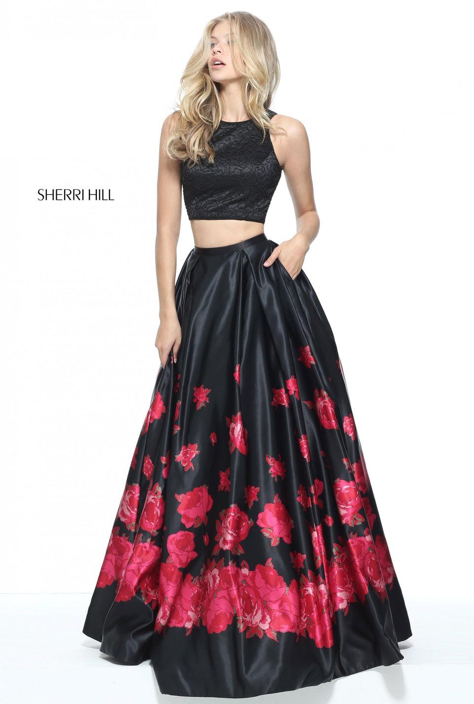 Sherri Hill Two-piece Floral Print Satin Ball Gown With Beaded Bodice