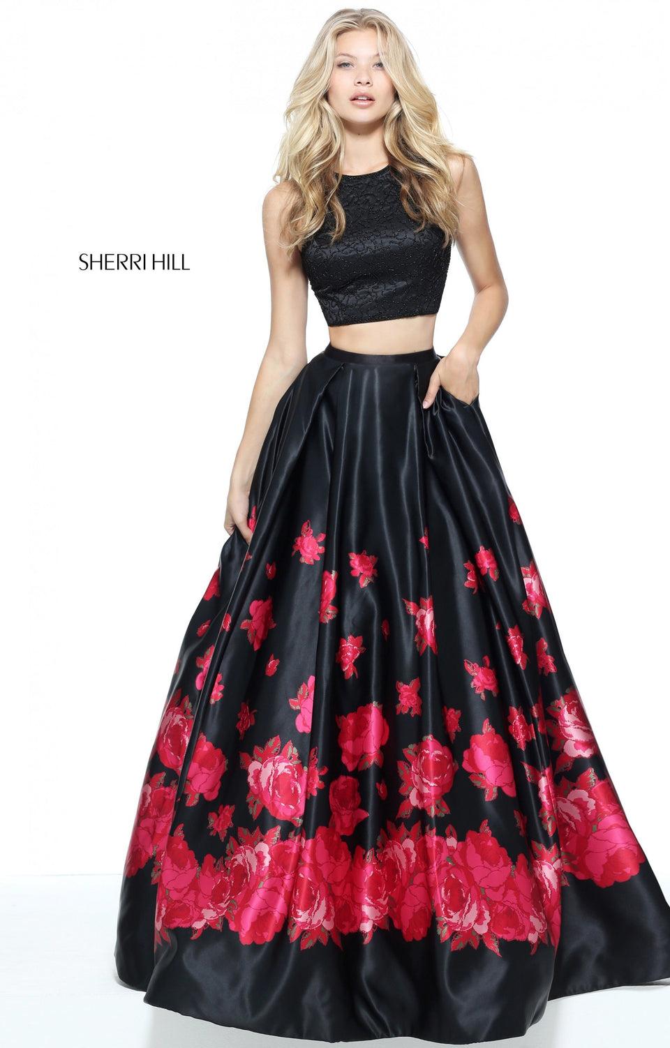 sherri hill Two-piece floral print satin ball gown with beaded bodice