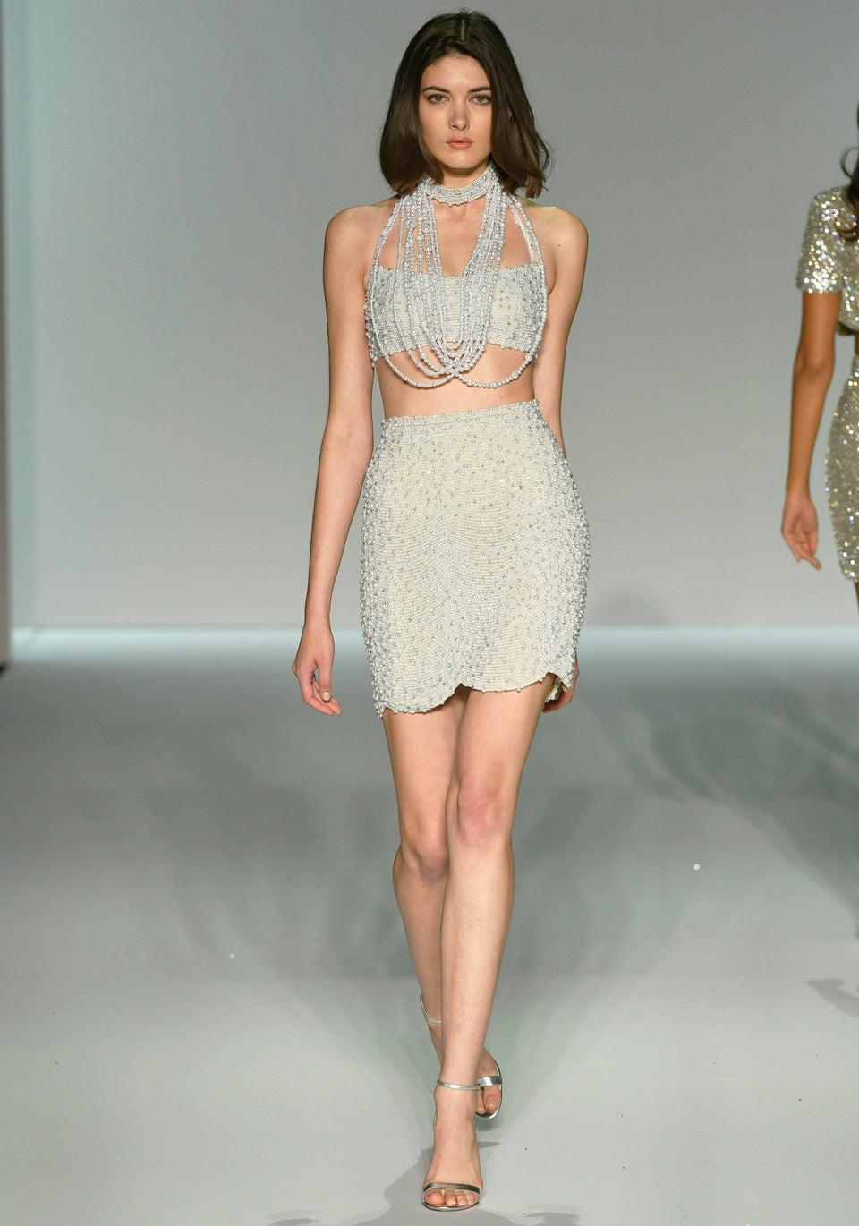 Sherri Hill Two Piece Fully Beaded Cocktail Dress And A Choker With Pearl Drapings