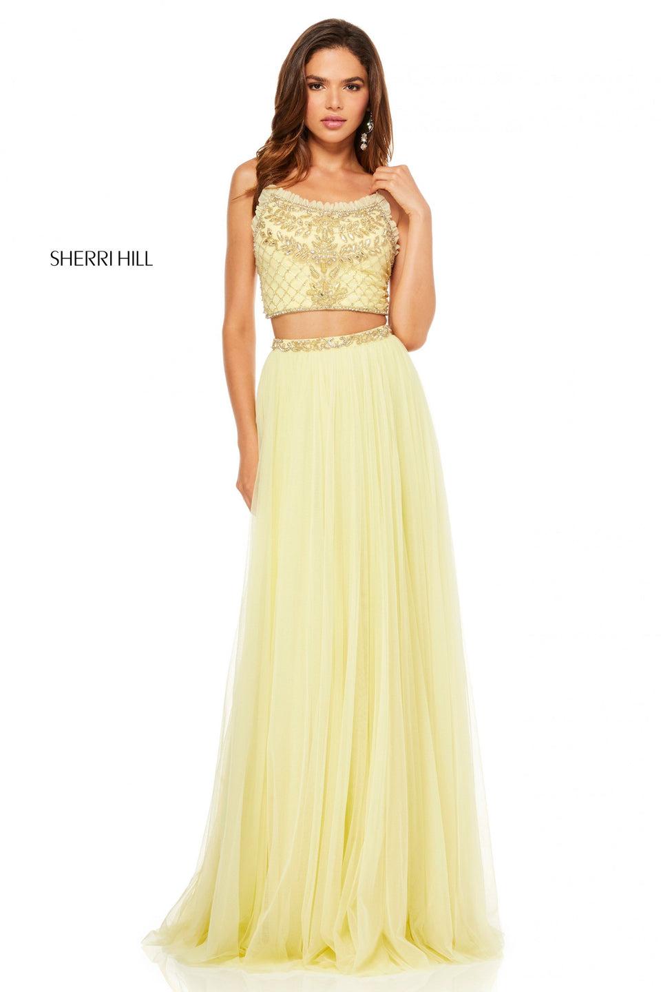 sherri hill Two-piece gown with a beaded bodice tie back and tulle skirt