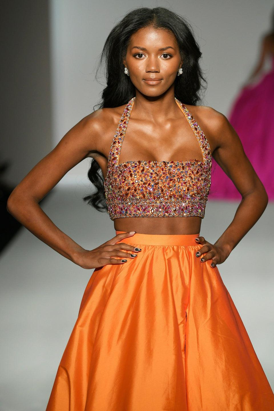 Sherri Hill Two Piece Gown With Beaded Halter Crop Top And Taffeta Skirt