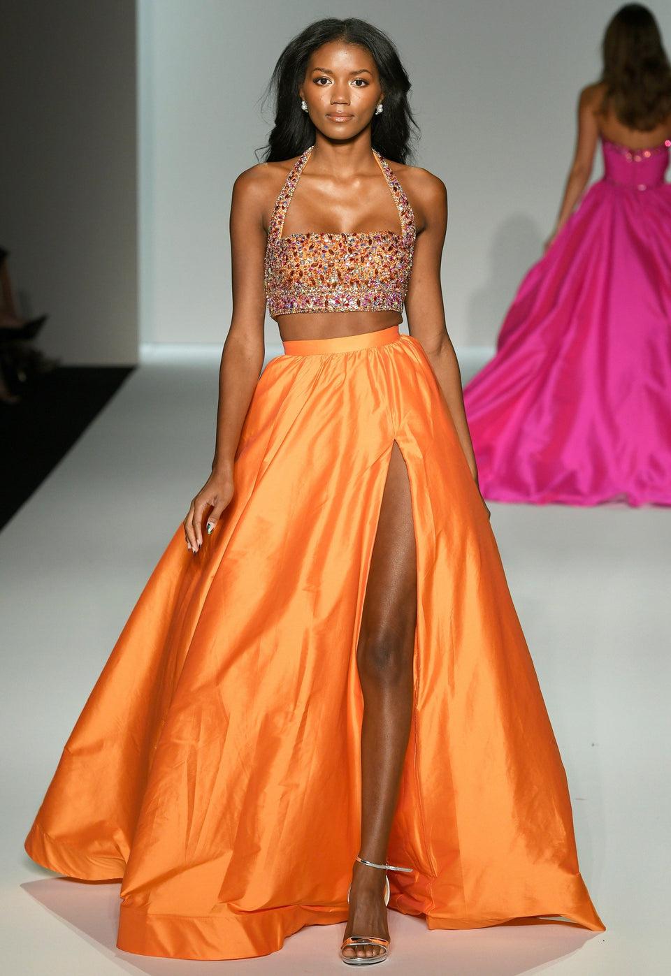 sherri hill Two piece gown with beaded halter crop top and taffeta skirt