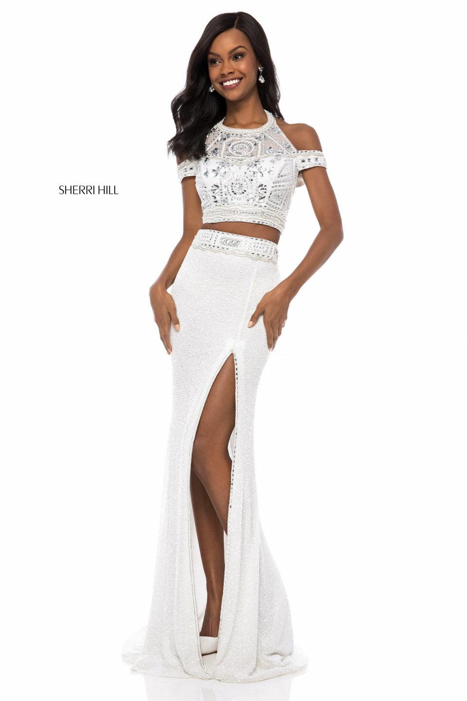 Sherri Hill Two Piece Gown With Beaded High Neck Bodice And Sequin Slit Skirt