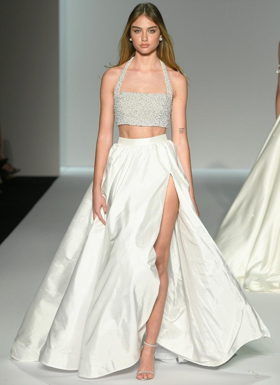 Sherri Hill Two Piece Gown With Pearl Embellished Bodice And Taffeta Skirt With Slit