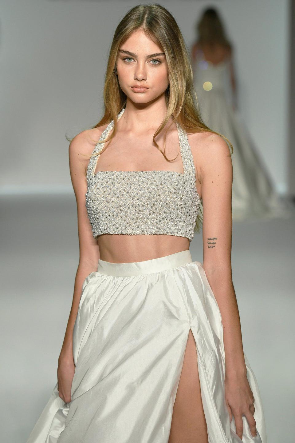 sherri hill Two piece gown with pearl embellished bodice and taffeta skirt with slit